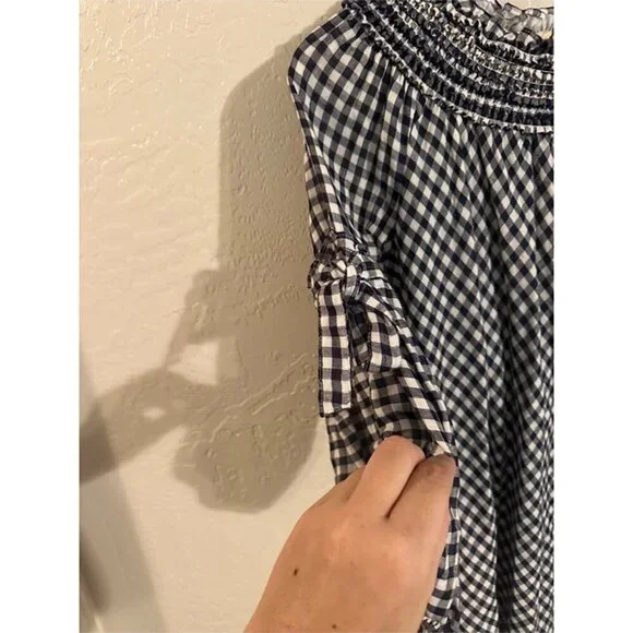 Y Max Edition Gingham Plaid Smocked Black & White Puffy Sleeve Cotton Midi Dress - Picture 5 of 10